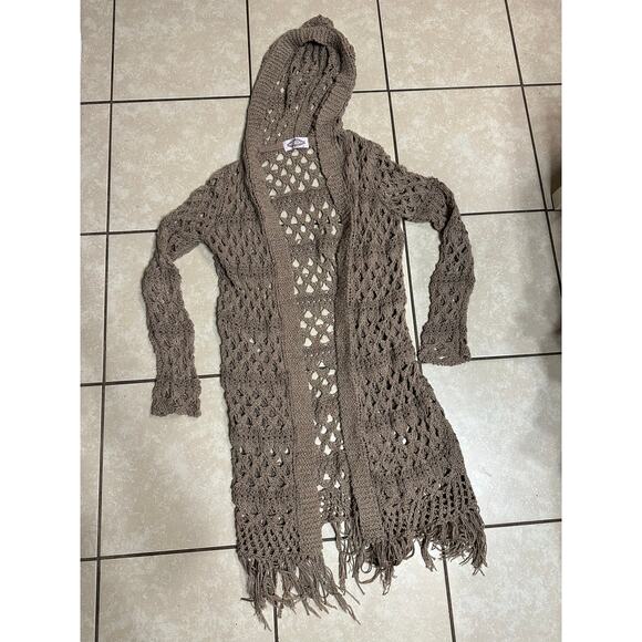 Crochet Fringe Duster Women Medium Neutral Grandma Y2K Grunge Festival Western - Picture 1 of 8